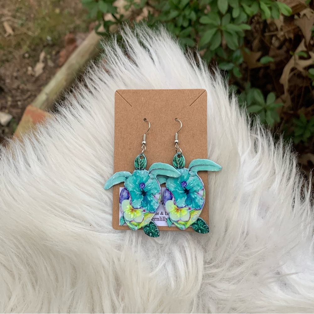 Floral Pattern Blue & Green Turtle Earrings